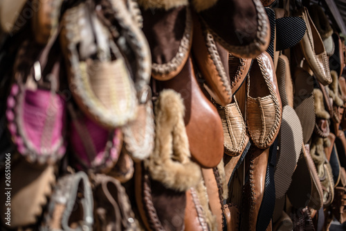 Balkan region traditional peasant shoes. Travel destinations, traveling