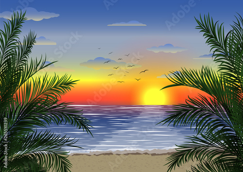 Exotic tropical landscape with palm branches. Palm trees at sunset or moonlight. Seascape. Tourism and travelling. Vector flat design