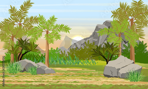 Prehistoric forest. Giant ferns, extinct plants and stones. Scene from Mesozoic or Jurassic period. Realistic Vector Landscape