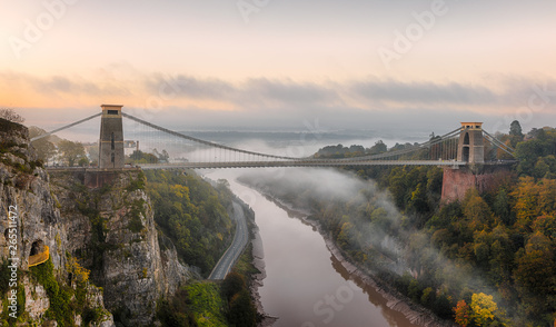 Mist moving down the Avon Gorge on an autumn morning, going under Brunel's Clifton Suspension Bridge. photo