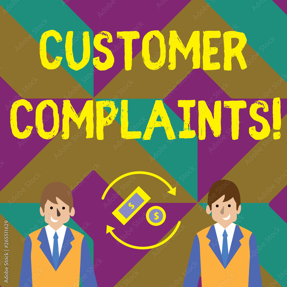Text sign showing Customer Complaints. Business photo showcasing expression of dissatisfaction on a consumer s is behalf Money in Dollar Currency Sign Inside Rotating Arrows Between Two Businessmen Text sign showing Customer Complaints. Business photo showcasing expression of dissatisfaction on a consumer s is behalf Money in Dollar Currency Sign Inside Rotating Arrows Between Two Businessmen