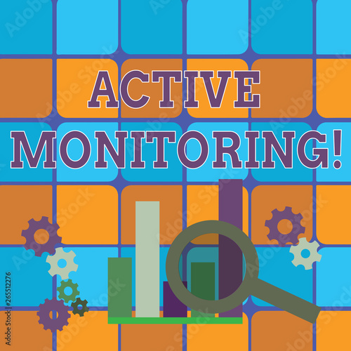 Conceptual hand writing showing Active Monitoring. Concept meaning demonstrating incharge go out and check workplace conditions Magnifying Glass On Chart beside Cog Wheel Gear for Analysis photo