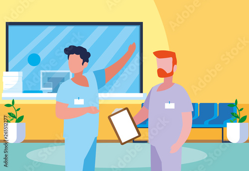 male medicine workers in clinic reception