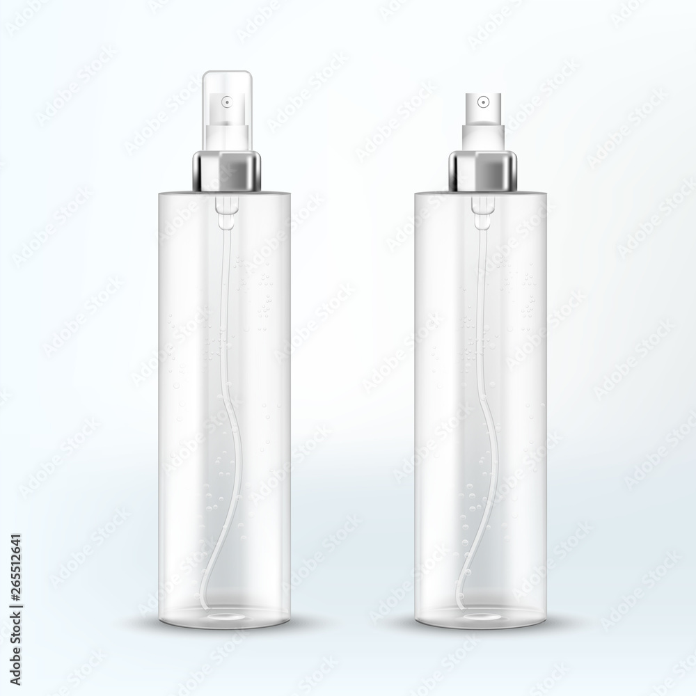 White Spray bottles isolated on white background. Cosmetic container for liquid. Beauty product package, vector illustration. White Spray bottles isolated on white background. Cosmetic container for liquid. Beauty product package, vector illustration.