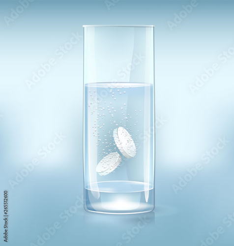  Vector realistic effervescent pill with bubbles dissolving in glass of water. Realistic effervescent tablets in glass of water.