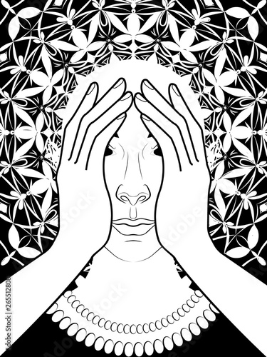 illustration of a girl with a fantastic hairstyle, represents the image of the goddess, a mystical creature