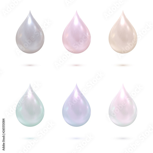 Six realistic multicolor pearl drops