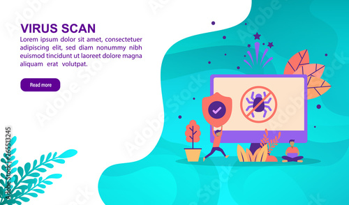 Virus scan illustration concept with character. Template for, banner, presentation, social media, poster, advertising, promotion