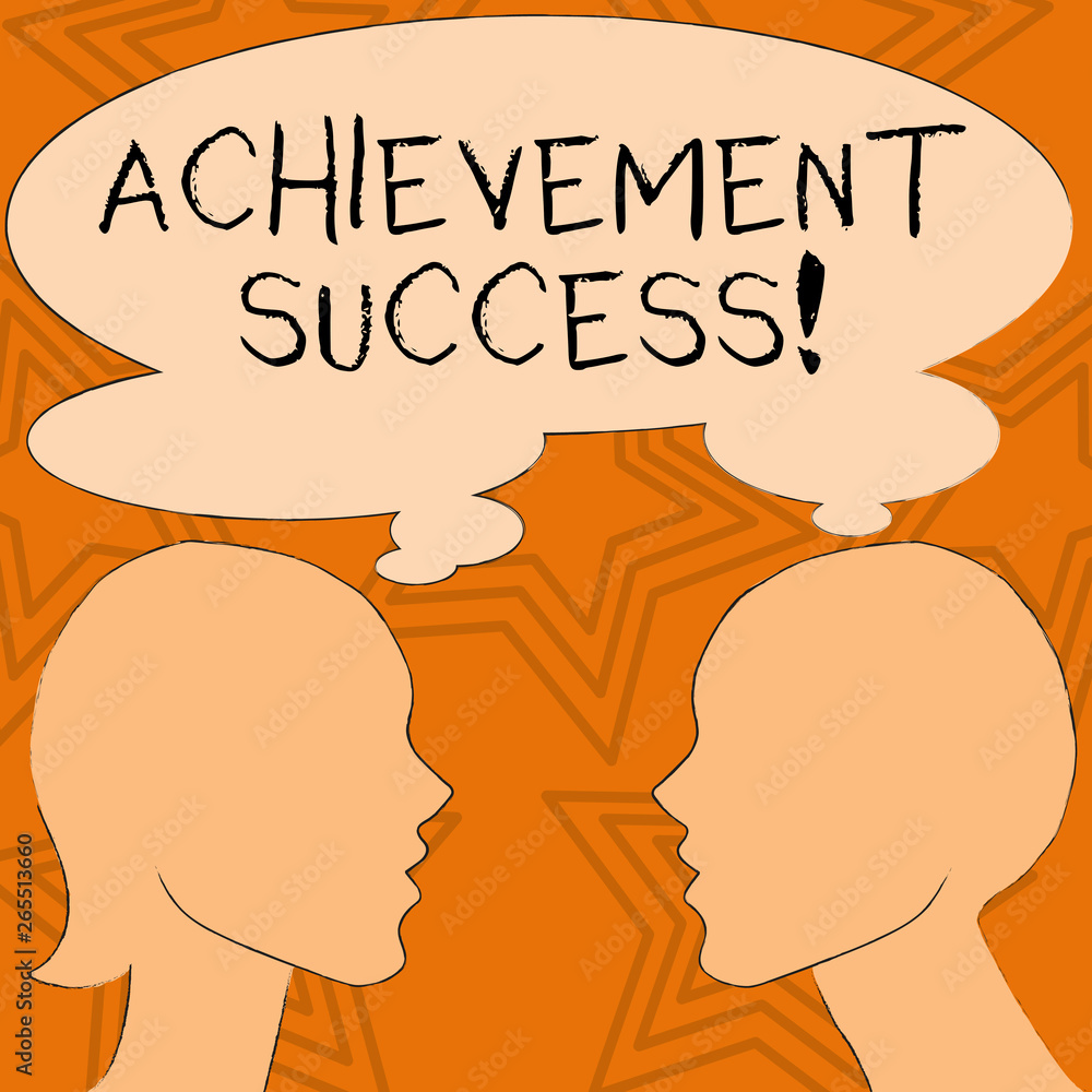 Writing note showing Achievement Success. Business concept for status of having achieved and accomplished an aim Silhouette Sideview Profile of Man and Woman Thought Bubble