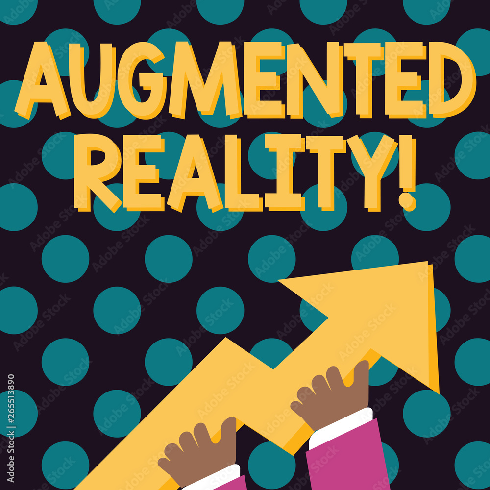 Obraz premium Word writing text Augmented Reality. Business photo showcasing interactive experience of a realworld environment photo of Hand Holding Colorful Huge 3D Arrow Pointing and Going Up