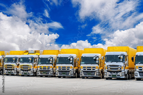 Row of Cargo vehicles. Freight transportation. Cargo truck park.
