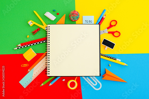 Notebook and school stationery. Back to school concept.