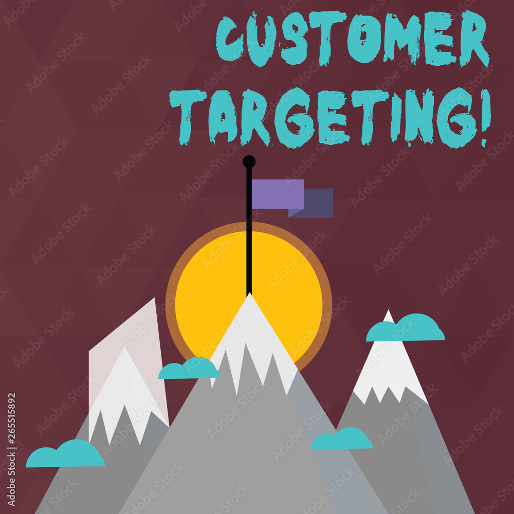 Obraz premium Conceptual hand writing showing Customer Targeting. Concept meaning business process that defines which customers to market Three High Mountains with Snow and One has Flag at the Peak