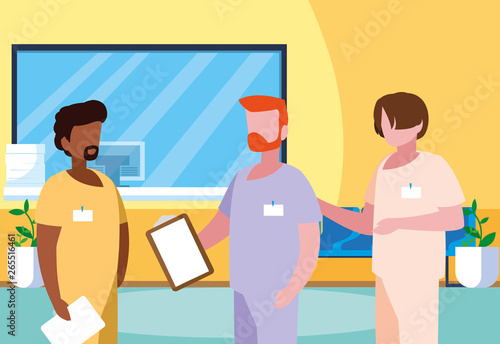 interracial male medicine workers in clinic reception