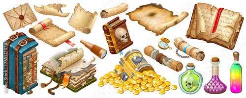 Isometric cartoon royal parchments, book of spells, treasure chests, magical drinks or poisons for computer game on white background. Isolated vector illustration.
