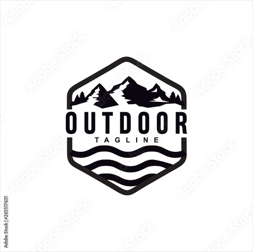 Vintage Hipster Retro Mountain Sea Ocean landscape nature view stamp logo design inspiration. Mountain Outdoor Logo Design ,Hiking, Camping, Expedition And Outdoor Adventure. 