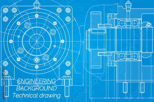 Mechanical engineering drawings on blue background. Milling machine spindle. Technical Design. Cover. Blueprint.