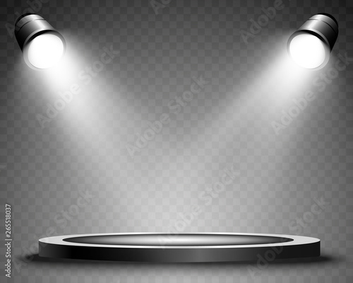 Podium with a spotlight on a dark background, first place, fame and popularity. Vector illustration. Realistic podium illuminated by spotlights.