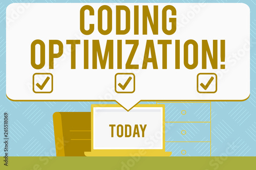 Writing note showing Coding Optimization. Business concept for method of code modification to improve code quality Blank Huge Speech Bubble Pointing to the White Laptop Screen