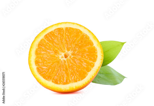 Half of ripe orange with leaves isolated on white background. Citrus food