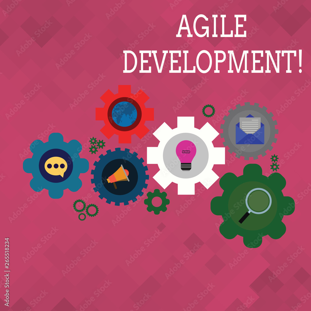 Text sign showing Agile Development. Business photo text alliance between selforganizing crossfunctional team Set of Global Online Social Networking Icons Inside Colorful Cog Wheel Gear Text sign showing Agile Development. Business photo text alliance between selforganizing crossfunctional team Set of Global Online Social Networking Icons Inside Colorful Cog Wheel Gear