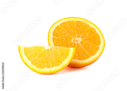 Ripe orange with pieces isolated on white background. Citrus food
