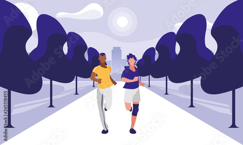 athletic interracial men running in the park