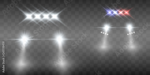 Realistic white glow round beams of car headlights, isolated on transparent background. Police car. Light from headlights. Police patrol. 