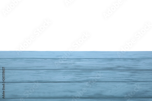 Blue wooden table on white background, space for text