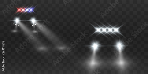 Realistic white glow round beams of car headlights, isolated on transparent background. Police car. Light from headlights. Police patrol. 