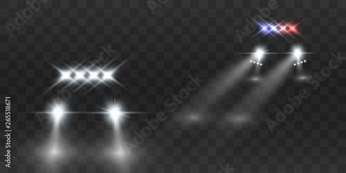 Realistic white glow round beams of car headlights, isolated on transparent background. Police car. Light from headlights. Police patrol. 
