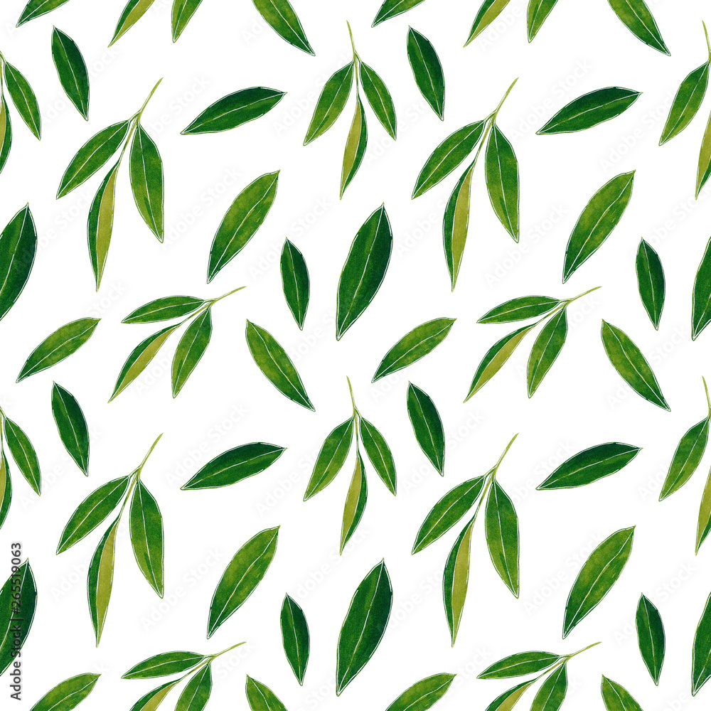 Botanical seamless pattern made of citrus orange or lemon leaves, hand drawn illustration isolated on white.