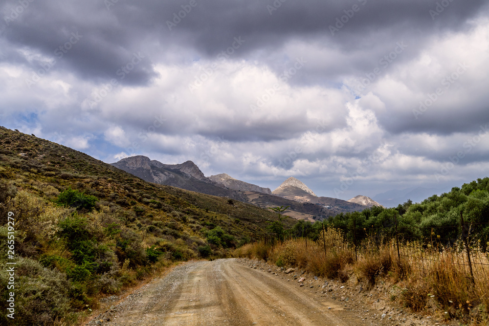 Rainy day in mountain near Rethymno at the road to Preveli beach, Crete island, Greece Rainy day in mountain near Rethymno at the road to Preveli beach, Crete island, Greece