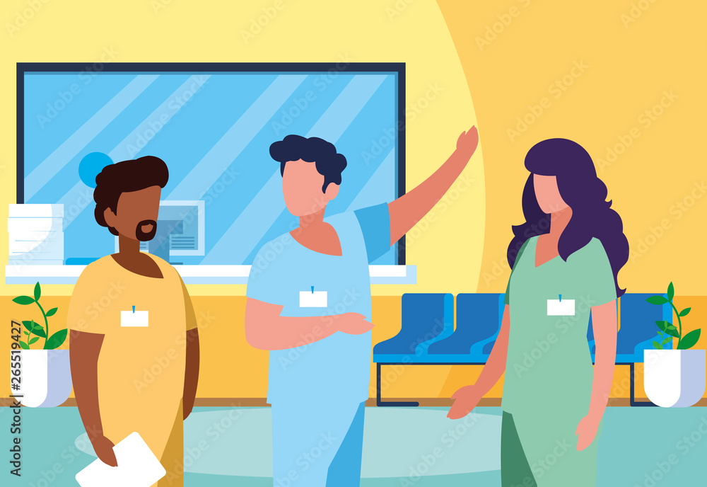 interracial group medicine workers in clinic reception interracial group medicine workers in clinic reception