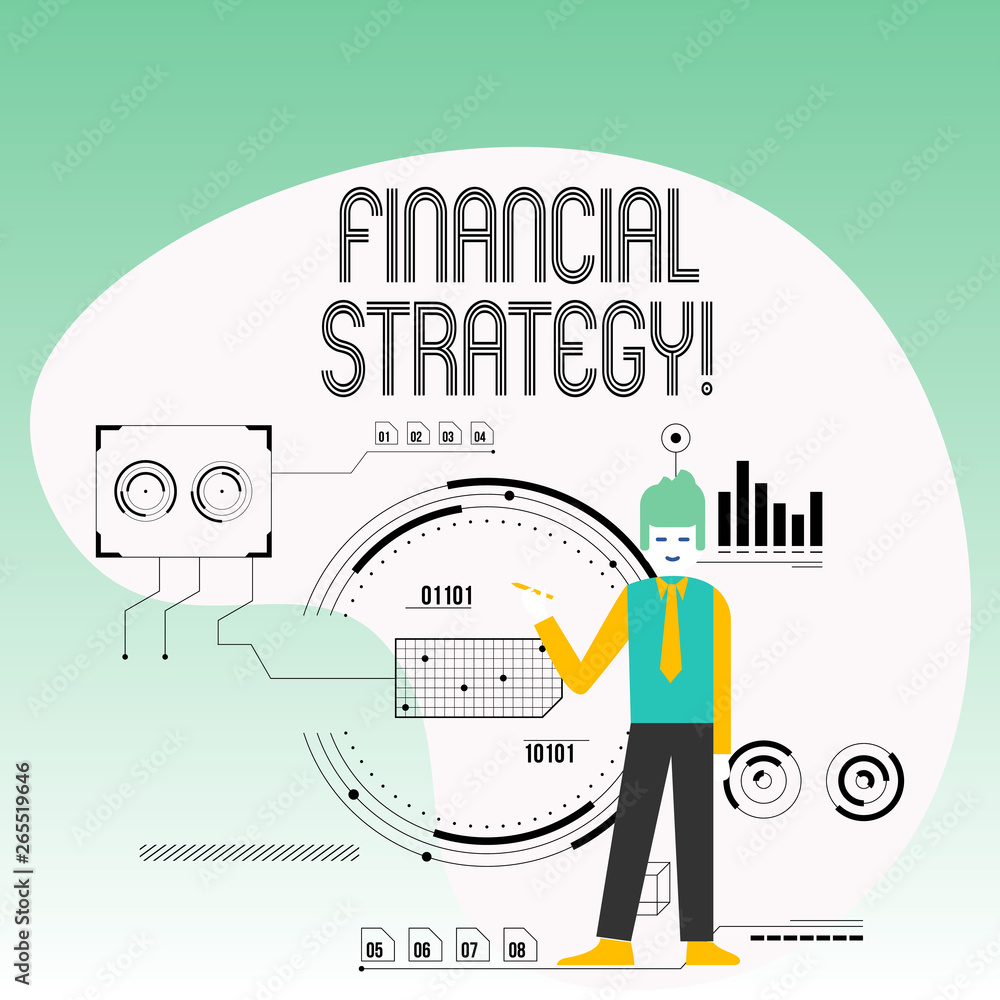 Text sign showing Financial Strategy. Business photo text plan to finance its overall operations to meet objectives Man Standing Holding Pen Pointing to Chart Diagram with SEO Process Icons Text sign showing Financial Strategy. Business photo text plan to finance its overall operations to meet objectives Man Standing Holding Pen Pointing to Chart Diagram with SEO Process Icons