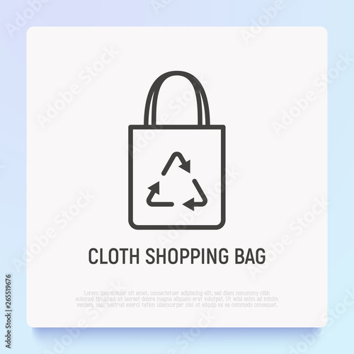 Ecobag with recycling sign thin line icon. Modern vector illustration of cloth shopping bag.
