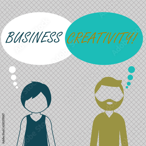 Conceptual hand writing showing Business Creativity. Concept meaning act of turning new and imaginative ideas into reality Bearded Man and Woman with the Blank Colorful Thought Bubble
