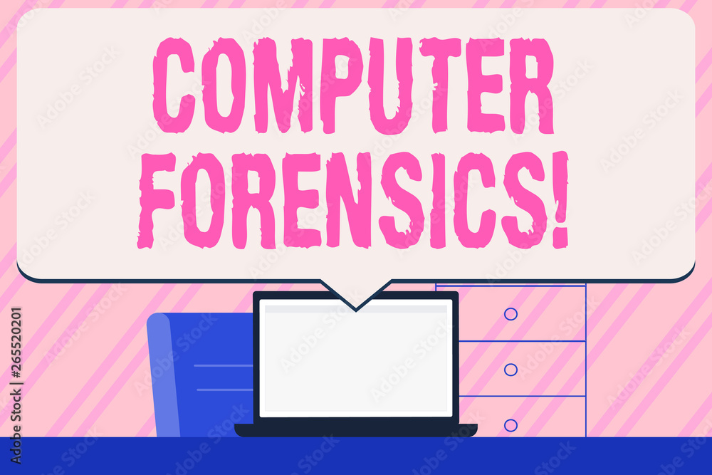 Conceptual hand writing showing Computer Forensics. Concept meaning the investigative analysis techniques on computers Speech Bubble Pointing White Laptop Screen in Workspace Idea