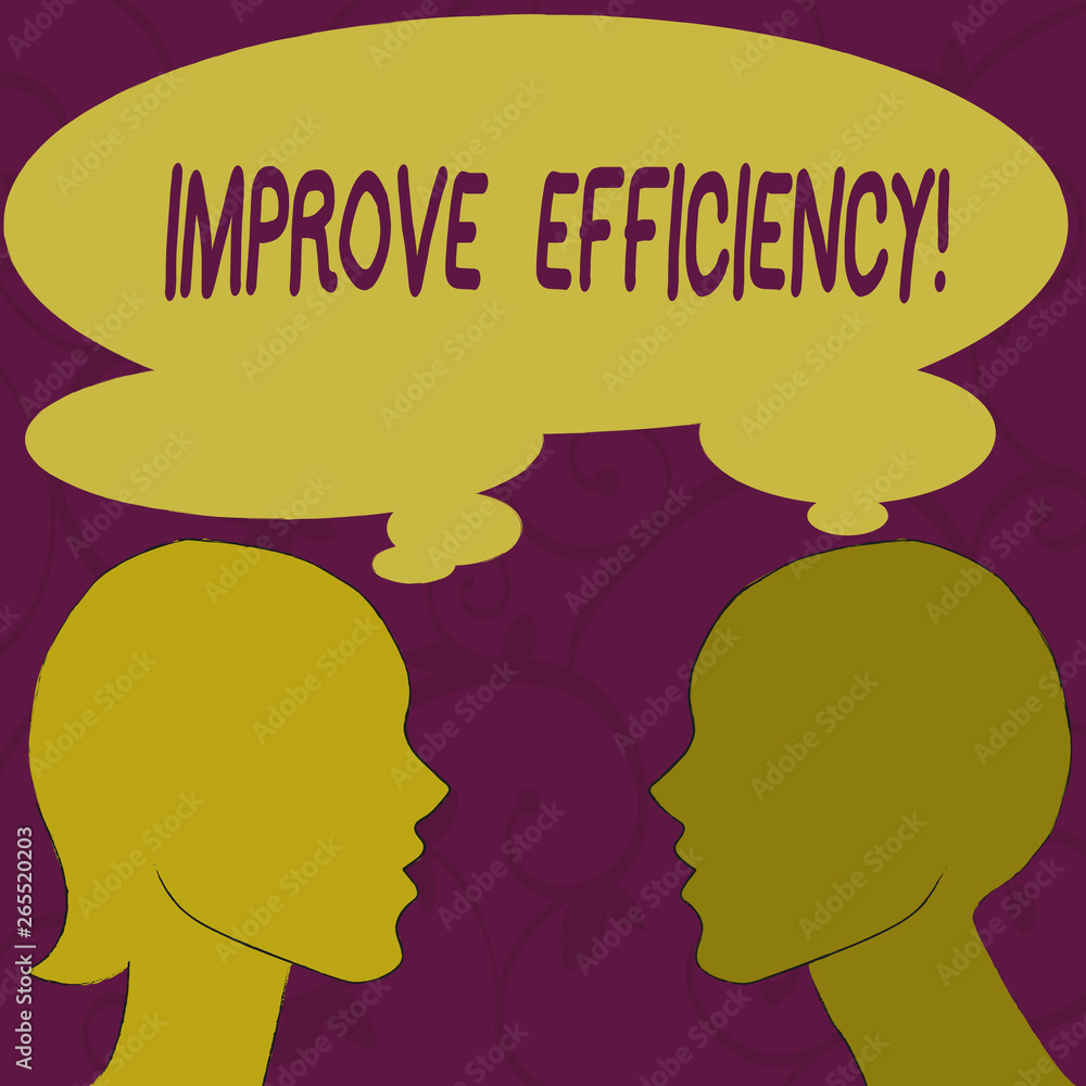 Text sign showing Improve Efficiency. Business photo showcasing increase quality of being able to do a task successfully Silhouette Sideview Profile Image of Man and Woman with Shared Thought Bubble