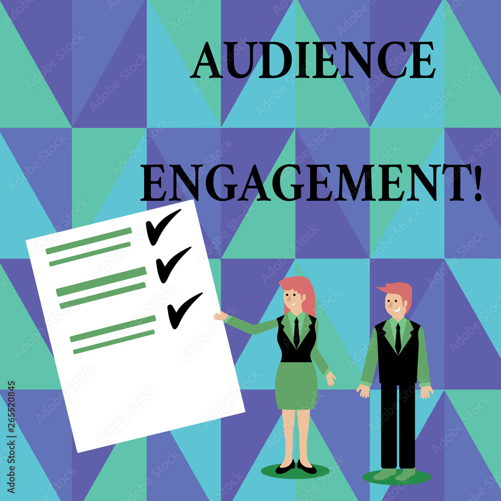 Text sign showing Audience Engagement. Business photo showcasing active involvement of an audience in a live broadcast Man and Woman in Business Suit Presenting Report of Check and Lines on Paper Text sign showing Audience Engagement. Business photo showcasing active involvement of an audience in a live broadcast Man and Woman in Business Suit Presenting Report of Check and Lines on Paper