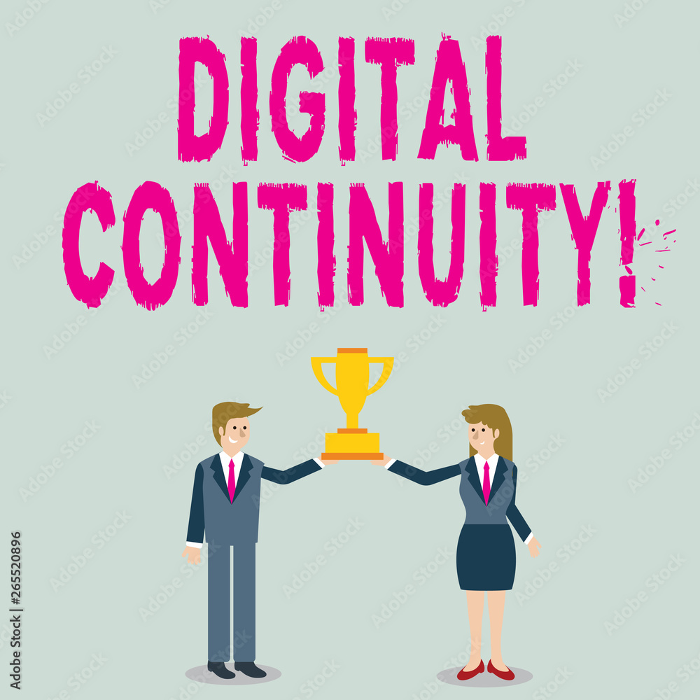 Word writing text Digital Continuity. Business photo showcasing ability to maintain the digital information of a creator Man and Woman in Business Suit Holding Together the Championship Trophy Cup