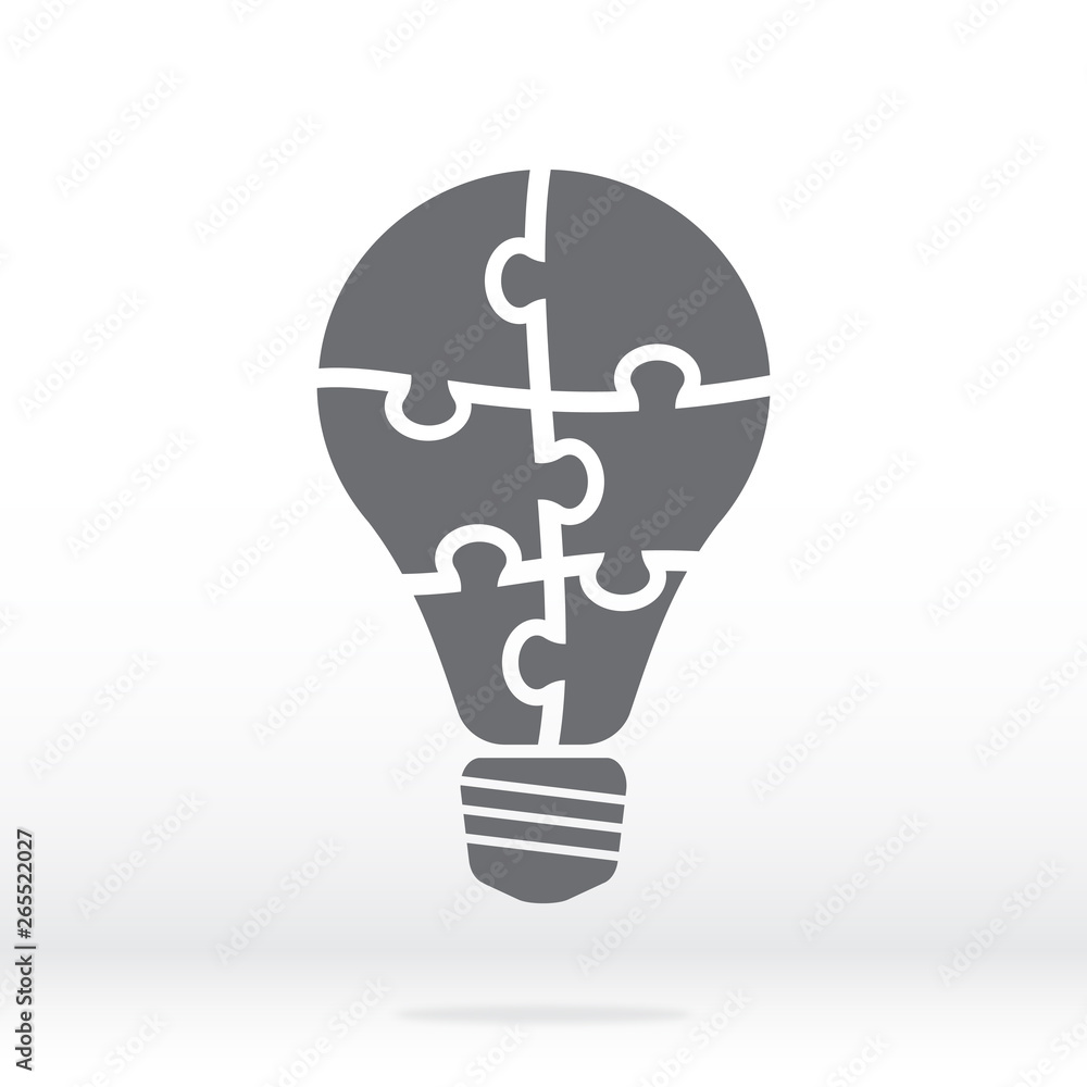 Simple icon light bulb puzzle in gray. Simple icon puzzle of the six pieces on gray background. Flat design. Vector illustration EPS10. Simple icon light bulb puzzle in gray. Simple icon puzzle of the six pieces on gray background. Flat design. Vector illustration EPS10.