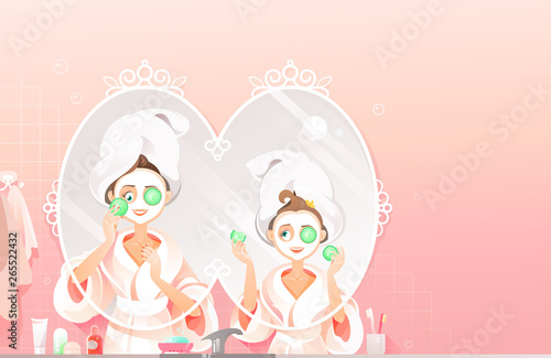 Yong Beautiful Mother with Towel on Head Applying Homemade Face Mask with Slices of Cucumber and Teaches her Daughter how to Take Skin Care at Home Using Natural Organic Products Vector  Illustration