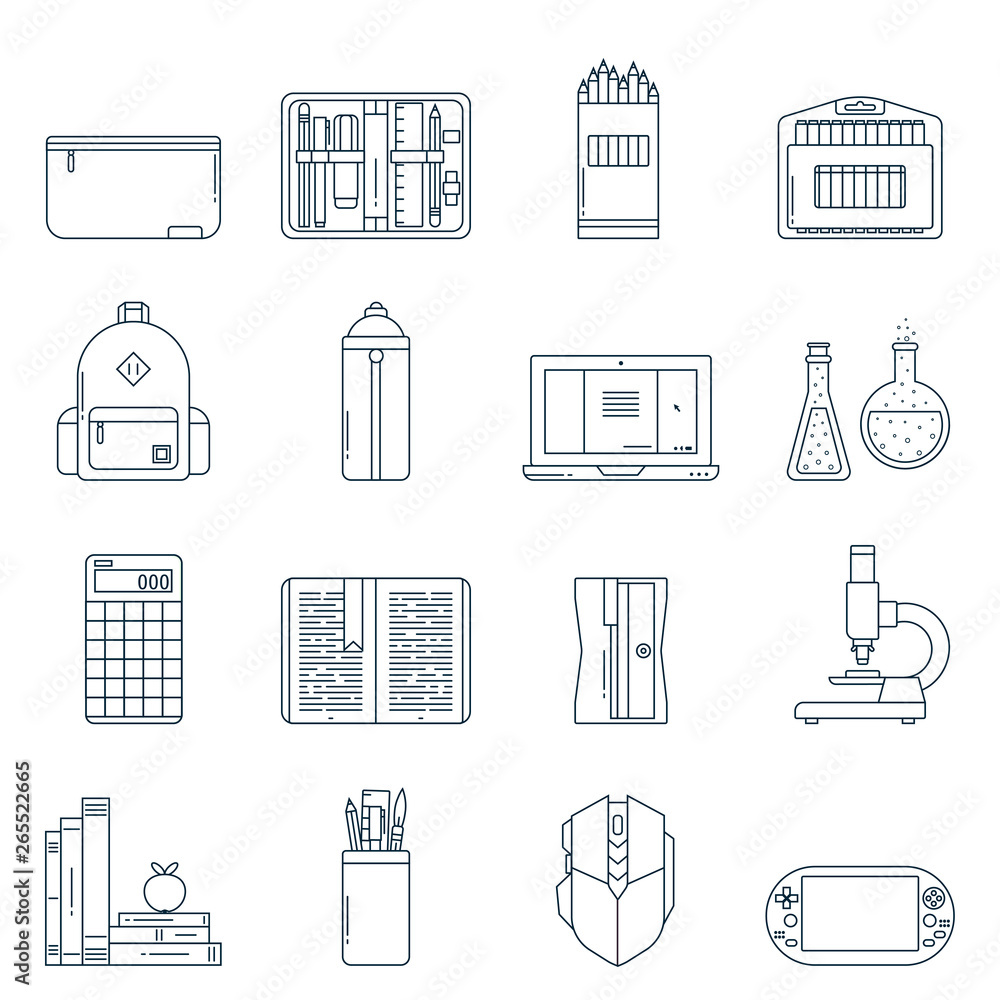 Collection of school supplies or stationery icons in flat line style. Back to school thin outline symbols: pen case, pencil box, backpack, laptop, books, sharpener, flask, microscope, calculator Collection of school supplies or stationery icons in flat line style. Back to school thin outline symbols: pen case, pencil box, backpack, laptop, books, sharpener, flask, microscope, calculator