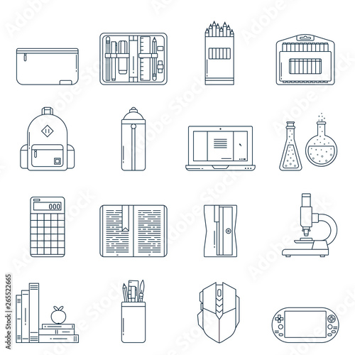 Collection of school supplies or stationery icons in flat line style. Back to school thin outline symbols: pen case, pencil box, backpack, laptop, books, sharpener, flask, microscope, calculator