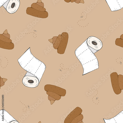 Toilet paper, fly, poop. Vector illustration of poop and paper. Hand drawing. Seamless pattern.