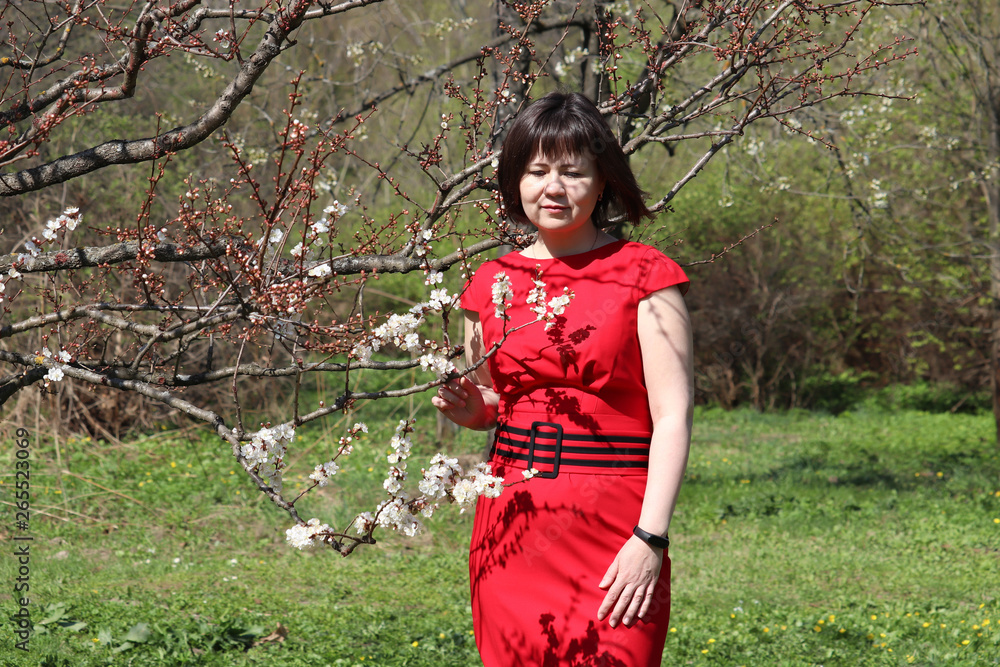 Cherry blossom in spring garden. Happy woman in red dress stands near the sakura tree and smells the flowers Cherry blossom in spring garden. Happy woman in red dress stands near the sakura tree and smells the flowers
