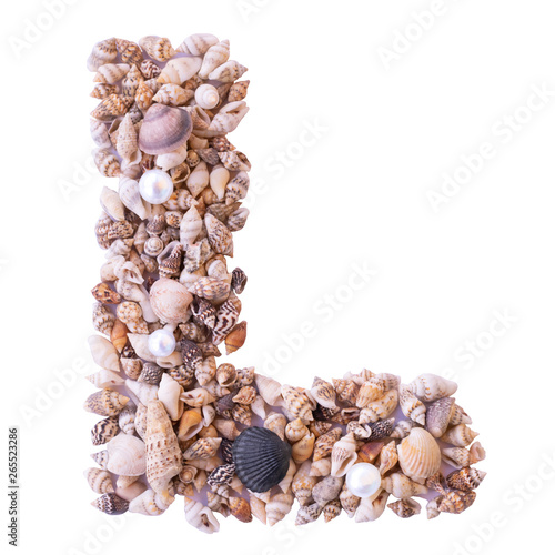 Letter L made of tiny seashells. Isolated.