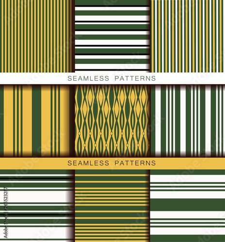 Set of vector seamless patterns. Endless textures in green yellow white black colors. Retro abstract striped background. Spring summer and autumn vintage textures with stripes and ornament
