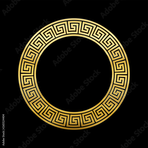 Meander circle, golden frame with seamless pattern design on black background. Golden Meandros, a decorative border, constructed from continuous lines, shaped into a repeated motif.